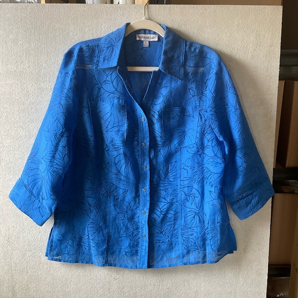 Southern Lady Blue Notched Collar Button Down Shirt